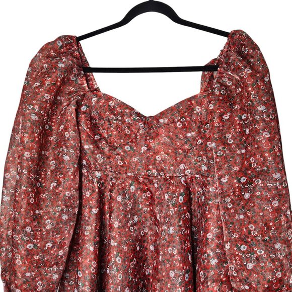 Selkie Princess Crimson Darling Red Floral Puff Sleeve Organza Mini Dress Size S - Picture 6 of 15